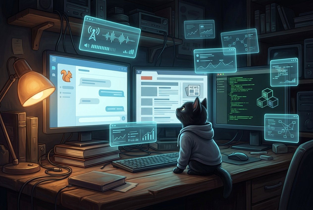 ShortNerdCat surrounded by the apps on the Tunnel Cat network